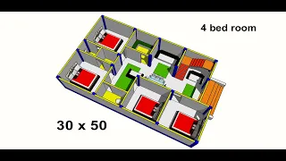 30 x 50 sqft 4 bed rooms house plan design II 30 x 50 ghar ka naksha 3d view ka sath II 4 bhk house