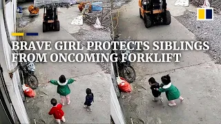 Brave girl in China protects siblings from oncoming forklift