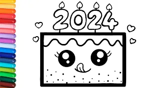 How to Draw a New Year Cake 2024 / New Year Drawing, coloring for Kids and Toddlers/ Merry Christmas