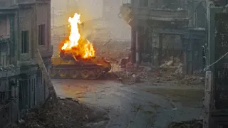 The tank duel at the Cologne cathedral in the trailer for "Spearhead"