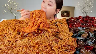 ASMR Spicy Kimchi noodles with marinated raw shrimp 🤤 Mukbang