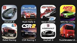 Asphalt 8, Rush Rally 3, Most Wanted, NFS No Limits, Rebel Racing, CSR Racing 2, Asphalt 9..