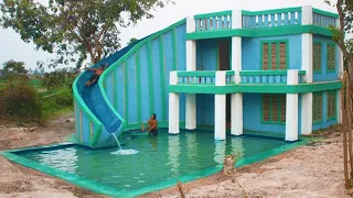 Build Modern Contemporary Mud Villa  And Design Water Slide To Beautiful Underground Swimming Pool