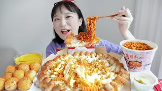 Butter Garlic Pizza Real Sound Mukbang ft.Carbonara Fire Noodles🍕+Cheese Balls | Eating Show ASMR :D