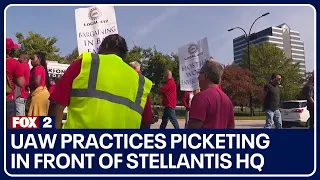 UAW practices picketing in front of Stellantis HQ