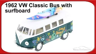 1962 Volkswagen Classic Bus w/ Surfboard & decals, Green - Kinsmart 1/32 Scale