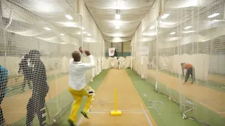 Francis Mendonca straight drive bowler skips out the way.