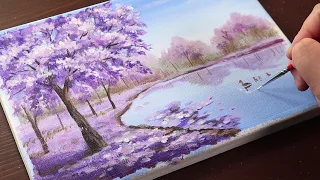 A purple tree on lake /acrylic painting for beginners /landscape Painting Tutorial / Painting ASMR