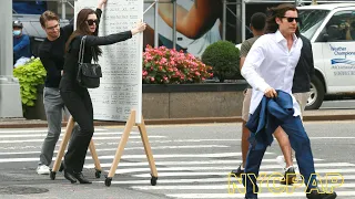 Anne Hathaway & Jared Leto wheel around a giant white board while filming WeCrashed in New York City