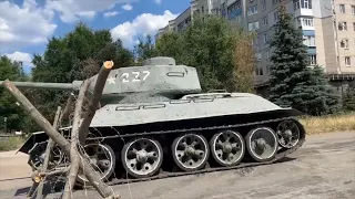 museum t-34 tank brought up by Russians in Lysychansk, Ukraine