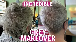 THE BEST GREY MAKEOVER YET! Super short natural grey pixiecut for Kim