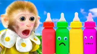 🌈Smart Baby monkey Bi bon  harvest fruit to make colorful milk | Funny Monkey Cartoon videos