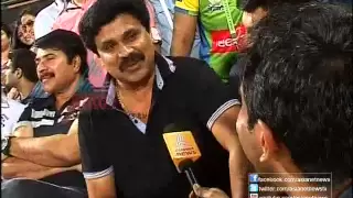Excited Mammootty and Dileep in CCL 2013 match Kerala Strikers v/s Mumbai Heroes