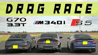 2022 BMW M340i Stock Takes On Tuned Genesis G70 3.3t And Tuned Audi S5 Sportback.Drag and Roll Race.