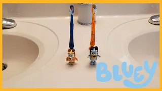 Bluey and Bingo learn to brush teeth with light up toothbrushes