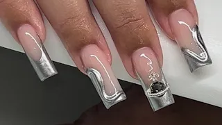 3D French Chrome Planet Charm Acrylic Nails