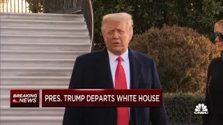 President Donald Trump addresses the press as he departs the White House for the last time