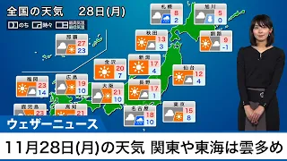 11月28日(月)の天気　関東や東海は雲多め、西日本は小春日和