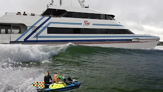 MASSIVE High Speed Ferry Creates PERFECT 5ft Wave for Surfers Below