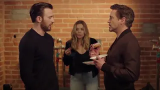 Chris Evans, Robert Downey and Elizabeth Olsen - Tony steal the last donut