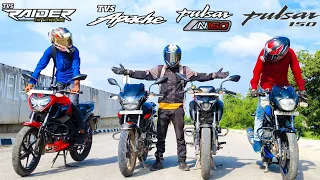 TVS Apache RTR 160 2v BS7 2023 Vs Bajaj Pulsar N160 Vs Pulsar 150 BS6 Vs TVS Raider 125 Drag Race 💥