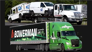 Green Freightliner Cascadia Bowerman USPS on a wrecker | Truckspotting