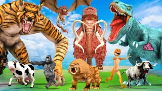 Tyrannosaurus Rex vs Mammoth Elephant Saber Tooth Tiger Wolf Attack Baby Mammoth Animal Revolt Battl