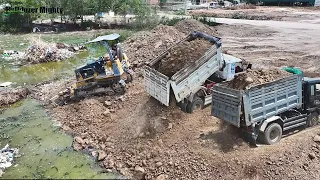 New update, Bulldozer MITSUBISHI BD2F Push Soil Into Water, Dump truck unloading