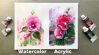 WATERCOLOR vs ACRYLIC Painting Series 3 on the Same Topic - Hollyhock Flower-Tutorial for Beginners