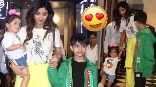Shilpa Shetty with Daughter and son snapped outside a restaurant in Bandra || Life Andhra Tv