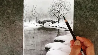 A winter bridge landscape drawing with pencils for beginners.