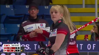 #stoh2019 Jennifer Jones breaks her broom protecting the hack from Rachel Homan's rocket