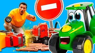 Johnny le tracteur apprend les règles de circulation! Jeux avec voitures pour enfants.