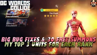 [DC Worlds Collide] - 30 free Legendary summons w/ HUGE bug fixes & my Top 3 units for each Tier!