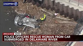 WOMAN RESCUED: Police officers pull woman from river after car plunges off pier