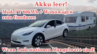 Akku leer! Mit Tesla 60kWh und Wohnwagen zum Gardasee - Wenn die Ladestationen Mangelware sind!