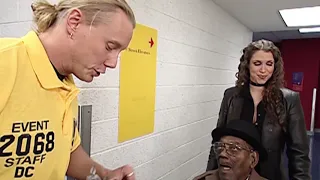 Stephanie McMahon tries to enter Smackdown arena using 91yr old James Dudley. Smackdown Jan 03, 2002