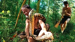 PYTHON IN FOREST - Survival Skills Build Amazing Underground house Swimming pool water slide