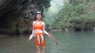 Dive 10m deep to find and harvest fish in the stream with a homemade gun - Cooking fish delicious