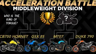 CB750 Hornet 🆚️ GSX 8S 🆚️ MT07 🆚️ DUKE 790 | 0-250kph Acceleration Battle 🔥