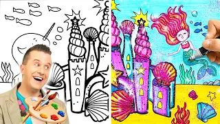 Glitter Mermaid Castle Drawing & Coloring + Fairytale Story 🧜‍♀️ EASY Painting Hacks for Beginners