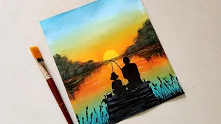 Easy father's Day acrylic sunset for beginners||Father's Day Drawing|how to draw scenery of fishing