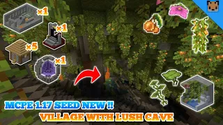 Minecraft pe 1.17 seed village & mountains with lush cave underground, amethyst geode, portal !!