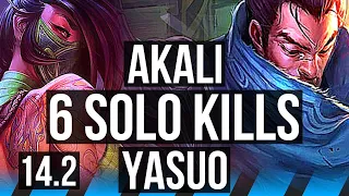 AKALI vs YASUO (MID) | 6 solo kills, 600+ games, 12/2/1, Godlike | BR Grandmaster | 14.2