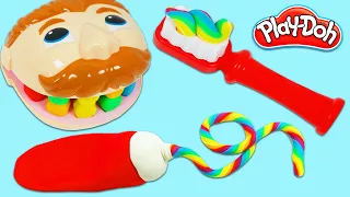 Brushing Mr. Play Doh Head's Teeth with DIY Rainbow Play Dough Toothpaste and Toothbrush!