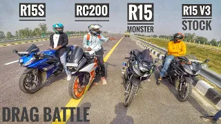 R15 VERSION 3 VS Ktm rc200 VS R15V3 Monster Vs R15 V3S | Quad Battle | DRAG RACE