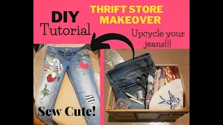 DIY How to sew patches Hippie boho Art upcycled denim jeans Thrift Store vintage distressed upcycle