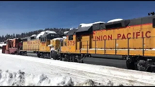 UNION PACIFIC Jordan Spreader with 2 GP38-2 diesels gets points set as it enters Truckee yard