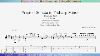 Presto - Sonata in F-sharp Minor - S.L. Weiss (Baroque Music) Arr for Classical Guitar with TABs