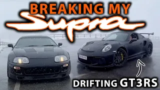 WHISTLIN-DIESELING my MK IV SUPRA and drifting a Porsche GT3RS - Burnout and ANTILAG - OG Schaefchen